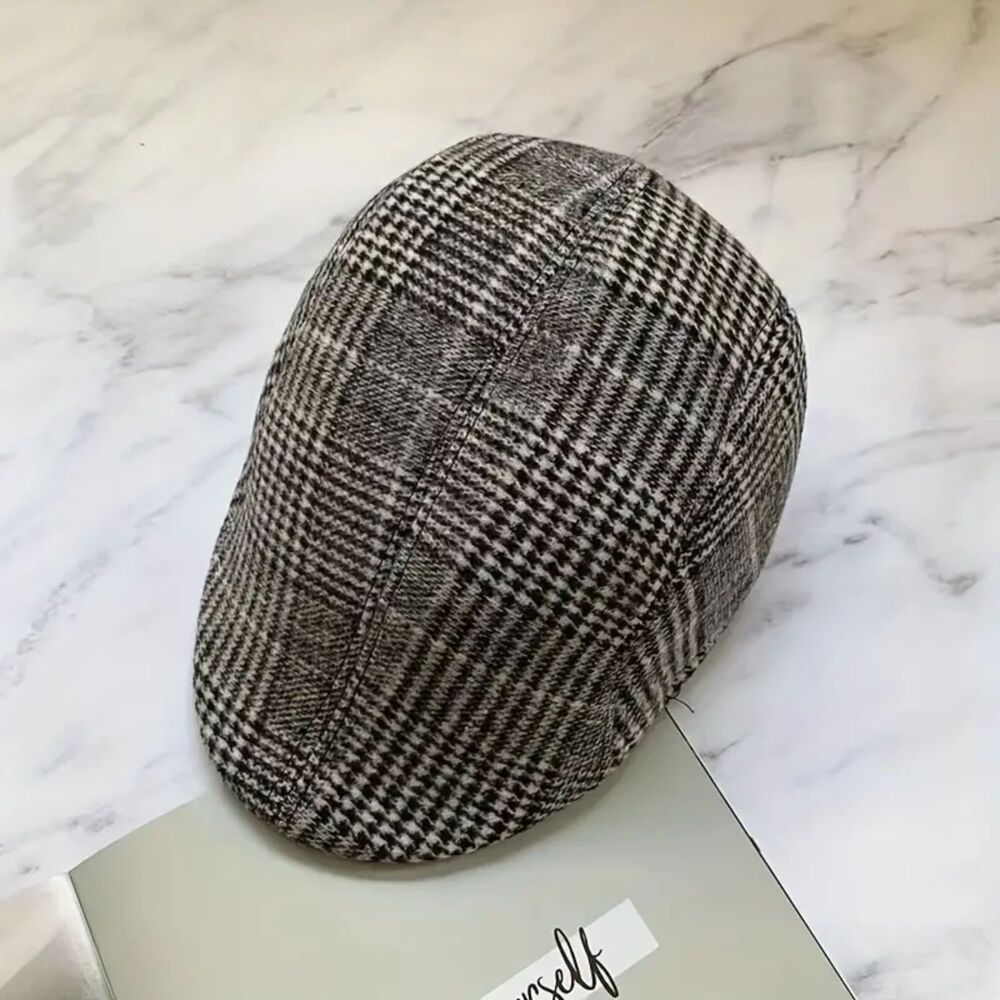 Adjustable British Style Peaked Cap Grey Plaid